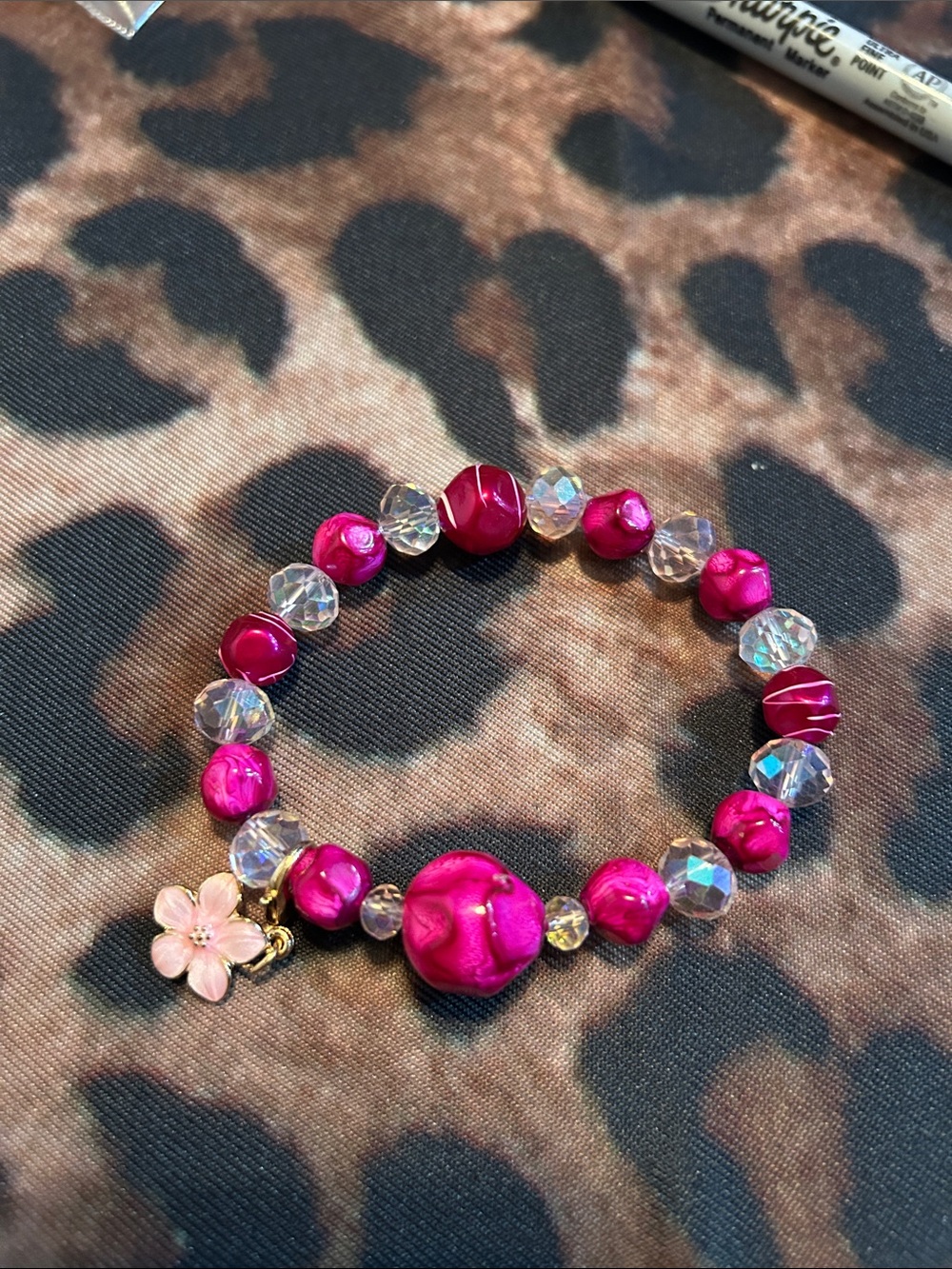 Hand Crafted Fuchsia and Clear Beaded Stretch Bracelet with Pink Flower Charm